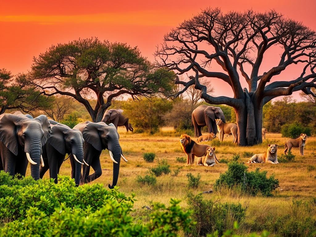 A magnificent African safari adventure unfolds in the heart of Tarangire National Park. The foreground features a herd of majestic elephants, their powerful trunks reaching towards the lush, verdant vegetation. In the middle ground, a pride of lions lounges in the dappled shade of acacia trees, their golden coats glistening in the warm, golden-hour light. The background reveals the iconic baobab trees, their twisted trunks silhouetted against a vibrant, rust-colored sky. The scene is filled with a sense of timeless wonder, capturing the essence of an authentic safari experience in Tanzania's stunning wilderness.