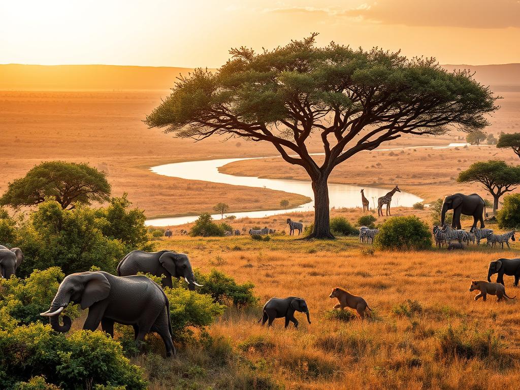 A magnificent African savanna, bathed in the warm glow of the setting sun. In the foreground, a herd of elephants gracefully navigates the lush vegetation, their trunks reaching up to graze on the verdant foliage. In the middle ground, a pride of lions rests under the shade of a towering acacia tree, their golden coats reflecting the fading daylight. In the distance, a winding river cuts through the landscape, its banks dotted with a variety of wildlife, including a majestic giraffe and a herd of zebras. The scene is captured through a wide-angle lens, conveying a sense of grandeur and immersion, with a shallow depth of field that highlights the subject while softening the background. The overall mood is one of tranquility and exclusivity, offering a glimpse into the extraordinary safari experiences that await in the heart of South and East Africa.