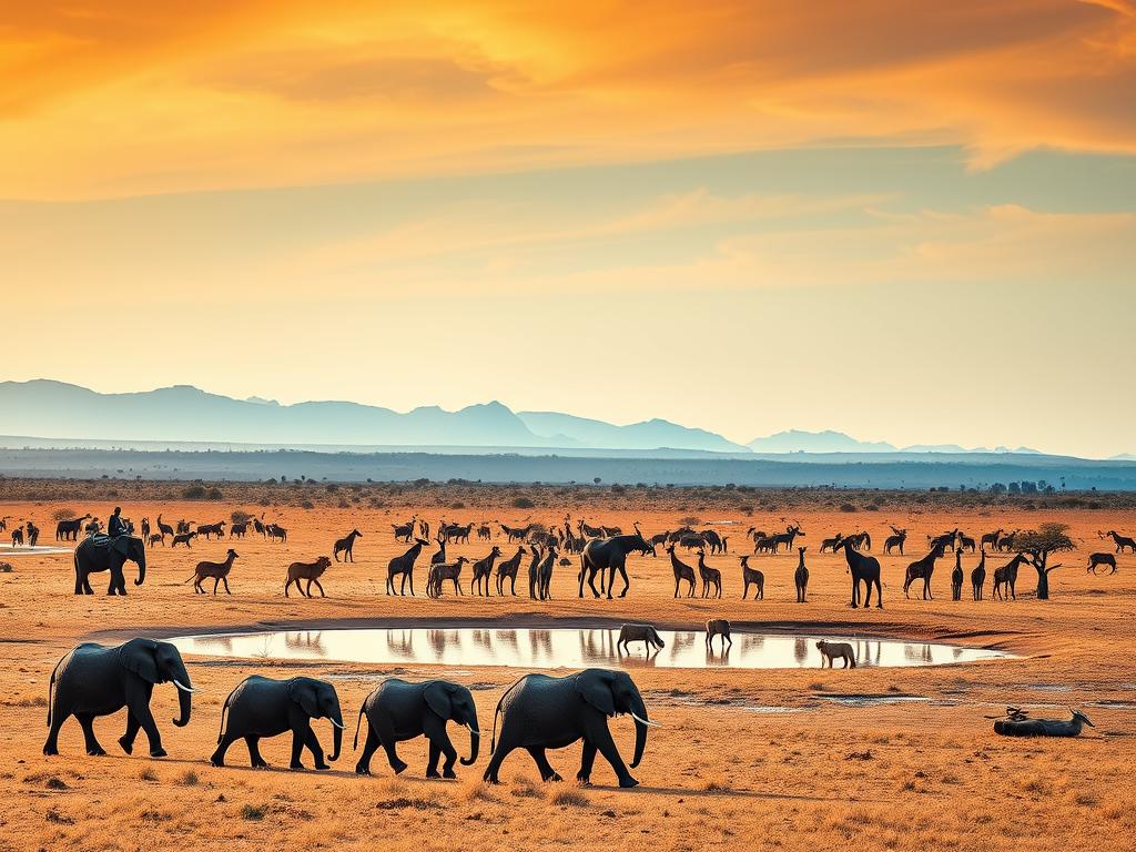 A majestic African safari scene in the Etosha National Park, Namibia. In the foreground, a herd of elephants gracefully roams across the dusty savanna, their massive bodies silhouetted against the warm, golden light. In the middle ground, a watering hole reflects the vibrant blues of the sky, with a diverse array of wildlife - from stately giraffes to a pride of lions - quenching their thirst. The background is dominated by the iconic red-orange hues of the Etosha landscape, with distant mountains and acacia trees creating a stunning panoramic vista. The scene is captured with a wide-angle lens, conveying a sense of vastness and immersion, and lit by the soft, diffused light of the African sunset, evoking a serene and tranquil atmosphere.