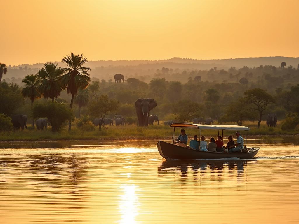 A majestic Chobe River winds through the lush, verdant landscape of Botswana's Chobe National Park. In the foreground, a traditional mokoro boat gently glides across the calm, reflective waters, its passengers marveling at the sight of towering palm trees and vibrant birdlife along the riverbanks. The sun casts a warm, golden glow, illuminating the scene with a serene and tranquil atmosphere. In the distance, the silhouettes of elephants and other wildlife can be seen against the backdrop of the park's rolling hills and vast, boundless sky. The image captures the essence of the Chobe River's natural beauty and the adventurous spirit of exploring this remarkable region.