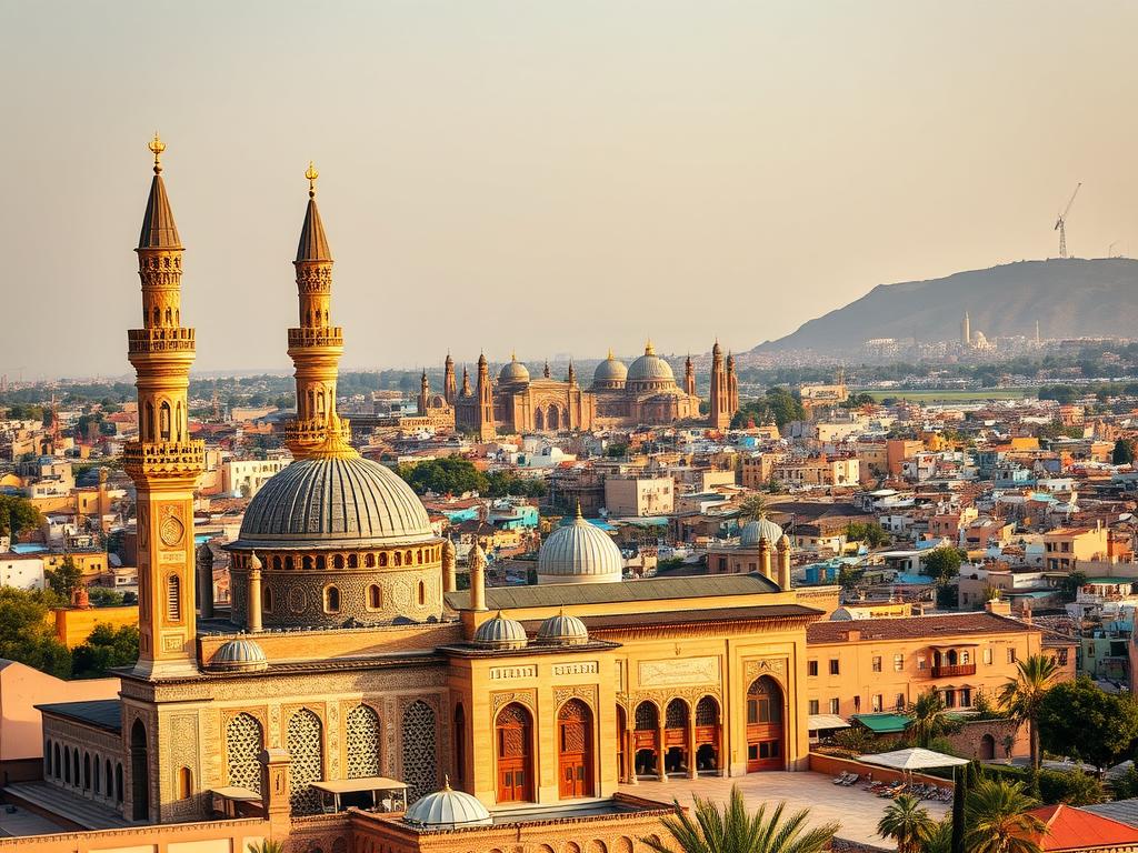 A majestic Islamic architectural masterpiece set against the backdrop of a vibrant Moroccan cityscape. In the foreground, a grand mosque adorned with intricate tilework, ornate domes, and towering minarets, bathed in warm golden light. The middle ground features a bustling museum, its ornate façade showcasing the rich cultural heritage of the region. In the distance, the winding streets and colorful buildings of the historic medina create a captivating scene, evoking the essence of Fès. The composition emphasizes the harmonious blend of religious, cultural, and historical elements, inviting the viewer to immerse themselves in the cultural highlights of this Moroccan gem.