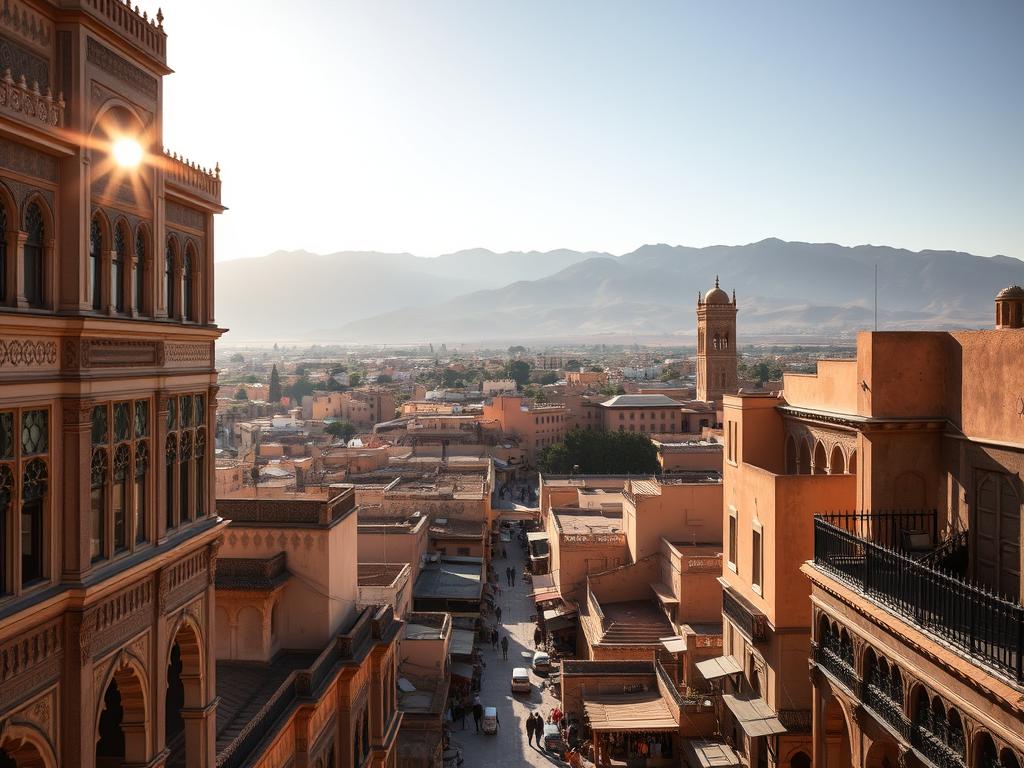 A majestic Moroccan palace stands tall against the backdrop of the ancient city of Fès. The Königspalast, a stunning example of traditional Moorish architecture, dominates the foreground with its ornate facades, intricate tilework, and graceful arches. Sunlight filters through the ornamental windows, casting a warm glow over the scene. In the middle ground, the winding streets of the old medina, with their charming shops and bustling markets, invite exploration. The distant mountains rise in the background, adding depth and a sense of timelessness to the composition. The overall atmosphere is one of regal splendor and cultural richness, capturing the essence of Fès's iconic royal palaces and historic neighborhoods.