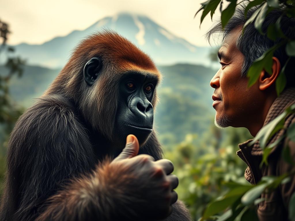 A majestic mountain backdrop frames the intimate encounter between a researcher and a curious mountain gorilla. Soft, diffused lighting bathes the scene, highlighting the gorilla's soulful eyes and delicate movements as it reaches out a powerful hand. The researcher's expression is one of wonder and reverence, capturing the profound connection between human and primate. The lush, verdant forest envelops the pair, creating a sense of tranquility and harmony. Telephoto lens captures the scene from a respectful distance, preserving the privacy and authenticity of this remarkable moment.