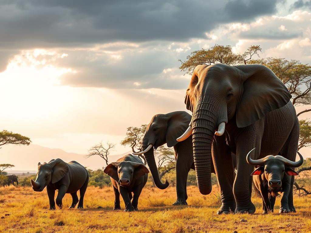 A majestic panorama of Africa's "Big Five" - lion, leopard, rhinoceros, elephant, and buffalo - standing proud in their natural habitat. A wide-angle lens captures the sweeping savanna landscape, with distant mountains and a dramatic cloudy sky providing a sense of scale and grandeur. Warm, golden sunlight filters through the trees, casting soft shadows and highlights across the animals' powerful forms. The composition draws the viewer's eye through the layered depth, from the massive elephants in the foreground to the smaller, more distant creatures. An awe-inspiring representation of the remarkable wildlife that defines the essence of the African wilderness. A majestic panorama of Africa's "Big Five" - lion, leopard, rhinoceros, elephant, and buffalo - standing proud in their natural habitat. A wide-angle lens captures the sweeping savanna landscape, with distant mountains and a dramatic cloudy sky providing a sense of scale and grandeur. Warm, golden sunlight filters through the trees, casting soft shadows and highlights across the animals' powerful forms. The composition draws the viewer's eye through the layered depth, from the massive elephants in the foreground to the smaller, more distant creatures. An awe-inspiring representation of the remarkable wildlife that defines the essence of the African wilderness.