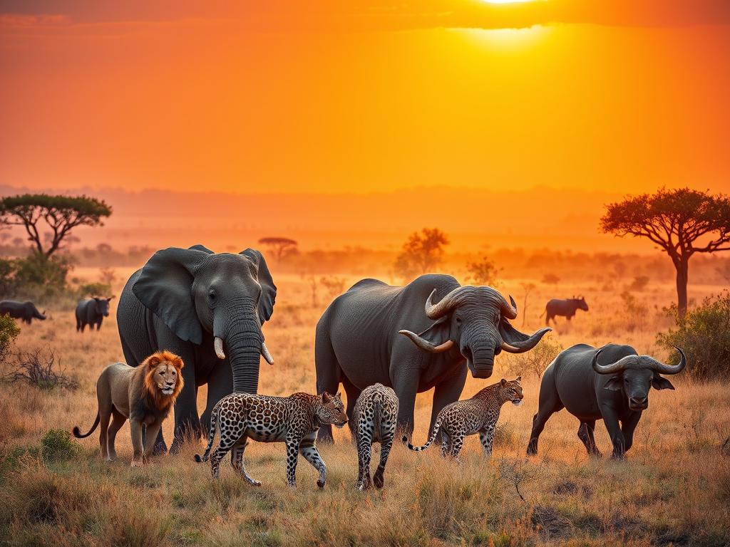 A majestic savanna landscape with a vibrant, golden light illuminating the African wilderness. In the foreground, a group of the iconic "Big Five" animals - a powerful lion, a massive African elephant, a rhinoceros, a leopard, and a stately Cape buffalo - gathered in a natural setting, their forms captured in sharp detail. The middle ground features a lush, verdant backdrop of acacia trees and lush vegetation, with a hazy, distant horizon. The image conveys a sense of awe and wonder, inviting the viewer to experience the breathtaking beauty and diversity of the African wildlife.