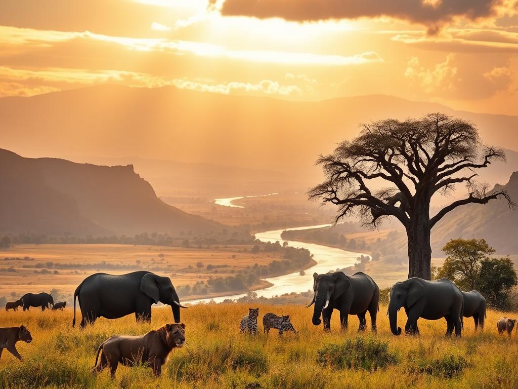 A majestic scene of the iconic Big Five safari animals - lion, leopard, rhinoceros, elephant, and buffalo - set against the backdrop of lush, diverse African landscapes in the heart of the continent's renowned national parks. Sunlight filters through wispy clouds, casting a warm, golden glow over the sweeping savannas, rugged mountains, and winding rivers teeming with wildlife. In the foreground, a pride of lions rests in the tall grass, their regal forms silhouetted against the vast, open sky. Nearby, a herd of elephants grazes peacefully, their mighty frames dwarfed by the towering, ancient baobab trees. The image conveys the breathtaking grandeur and untamed spirit of Africa's natural wonders, a testament to the continent's remarkable biodiversity.