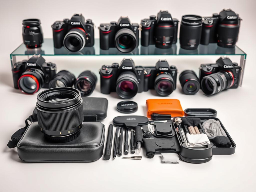 A meticulously arranged display of camera gear against a clean, bright backdrop. In the foreground, a high-quality camera lens and filter kit sit atop a smooth, protective case. In the middle ground, an assortment of cleaning tools, microfiber cloths, and dust-blowing devices nestle in their dedicated compartments. The background showcases a range of rugged, weatherproof camera bodies and lenses, ready to withstand the rigors of a safari expedition. Subtle shadows and balanced lighting emphasize the precision and care required to maintain photographic equipment in dusty, outdoor environments. The overall scene conveys a sense of professionalism, protection, and preparedness for the challenges of wildlife photography.