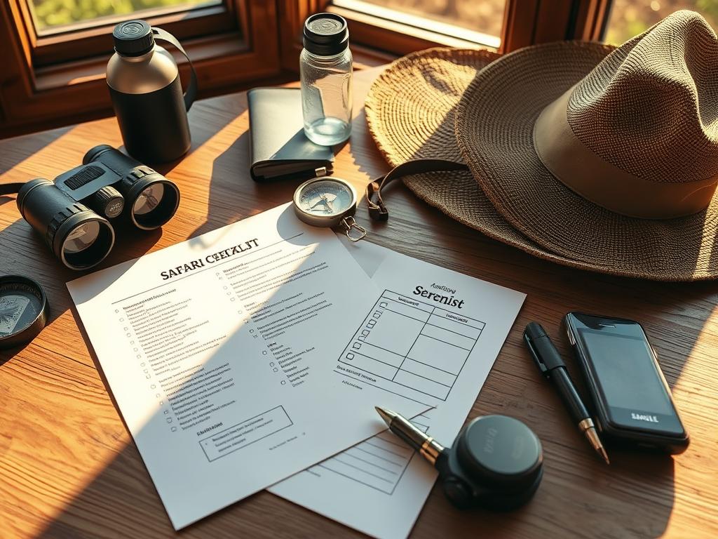 A meticulously organized safari checklist laid out on a wooden surface, surrounded by safari essentials like binoculars, compass, water bottle, and safari hat. Warm afternoon sunlight filters through the window, casting a golden glow over the scene. The image conveys a sense of anticipation and preparation for an immersive wildlife adventure, reflecting the article's focus on experiencing the Serengeti animals in their natural habitat. The overall composition and lighting evoke a rustic, adventurous atmosphere befitting the "Praxis-Tipps für deine Safari in Deutschland" section.