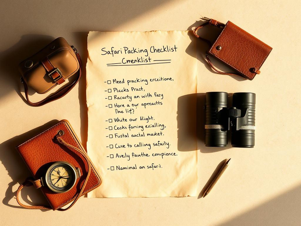 A minimalist still life of a Safari Packing Checklist, lit by warm natural light and framed against a neutral background. The list is handwritten on a rustic, weathered paper, and accompanied by essential safari gear such as a compass, binoculars, and a small leather notebook. The composition emphasizes simplicity, functionality, and the sense of adventure and exploration. The overall mood is one of preparedness, organization, and the anticipation of an unforgettable Namibian safari experience. A minimalist still life of a Safari Packing Checklist, lit by warm natural light and framed against a neutral background. The list is handwritten on a rustic, weathered paper, and accompanied by essential safari gear such as a compass, binoculars, and a small leather notebook. The composition emphasizes simplicity, functionality, and the sense of adventure and exploration. The overall mood is one of preparedness, organization, and the anticipation of an unforgettable Namibian safari experience.