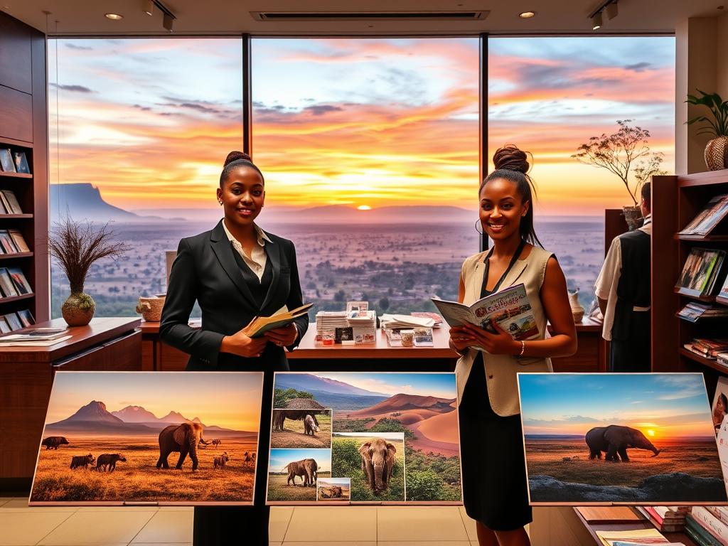 A modern, well-appointed African travel agency, with a warm, inviting atmosphere. In the foreground, a stylish, friendly staff member greets clients, offering brochures and recommendations. The middle ground features a display of safari tours, wildlife experiences, and cultural excursions, captured in vivid, high-quality photographs. The background showcases a panoramic view of the African landscape, with majestic mountains, lush savannas, and a vibrant sunset sky. The overall scene conveys a sense of adventure, expertise, and the promise of an unforgettable journey to the heart of Africa.