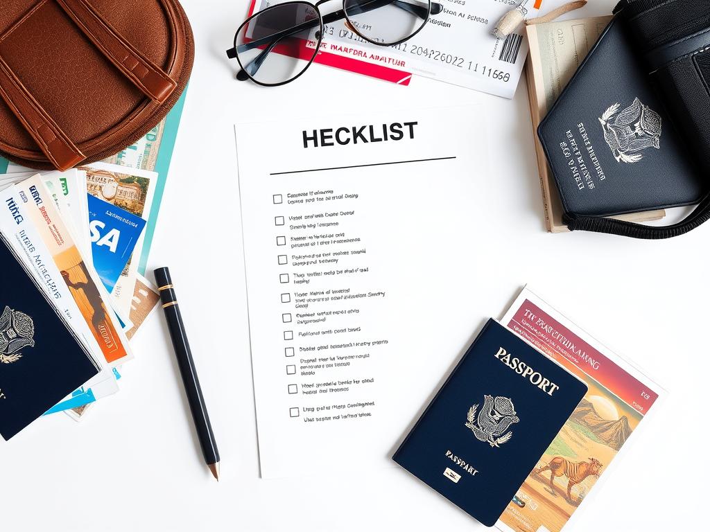 A neatly organized checklist against a crisp white background, with various travel documents such as passports, visas, and flight tickets arranged in a visually appealing manner. The lighting is soft and natural, highlighting the textures and details of the items. The composition is balanced, with the checklist itself taking up the central focus, while the surrounding documents create a sense of depth and context. The overall mood is one of preparedness and organization, conveying the importance of carefully planning and documenting one's travel to Namibia for a safari adventure. A neatly organized checklist against a crisp white background, with various travel documents such as passports, visas, and flight tickets arranged in a visually appealing manner. The lighting is soft and natural, highlighting the textures and details of the items. The composition is balanced, with the checklist itself taking up the central focus, while the surrounding documents create a sense of depth and context. The overall mood is one of preparedness and organization, conveying the importance of carefully planning and documenting one's travel to Namibia for a safari adventure.