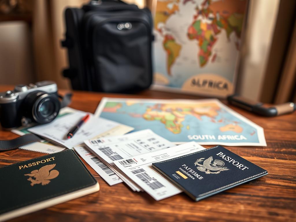 A neatly organized desk with a passport, plane tickets, travel documents, a digital camera, and a backpack in the foreground. In the middle ground, a suitcase and a map of the destination. The background is softly blurred, conveying a sense of anticipation and preparation for an adventurous journey. The scene is lit with warm, natural lighting, creating a cozy, yet purposeful atmosphere, evoking the excitement of planning a solo female travel experience in South Africa.