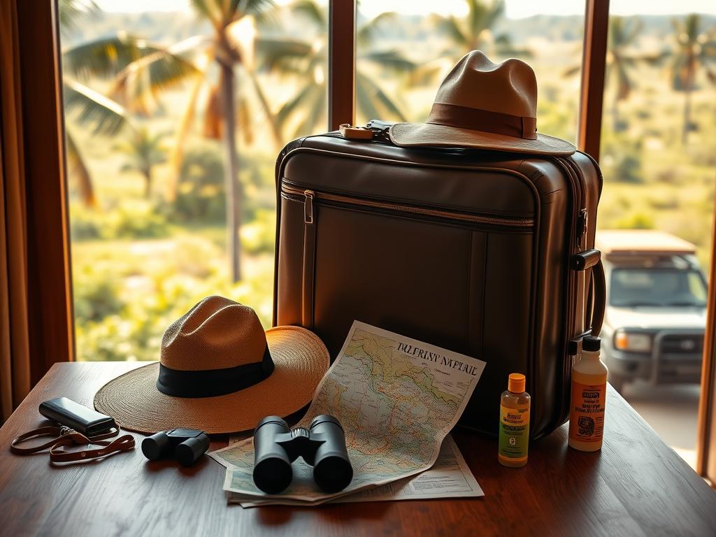 A neatly packed safari suitcase rests on a wooden table, surrounded by various travel essentials - a safari hat, binoculars, insect repellent, and a detailed map. Warm, natural lighting filters through the window, casting a golden glow on the scene. In the background, a lush, verdant landscape with towering palm trees and a hint of a safari vehicle can be seen, evoking the excitement of an upcoming adventure. The composition conveys a sense of organization, preparedness, and the anticipation of an immersive safari experience. A neatly packed safari suitcase rests on a wooden table, surrounded by various travel essentials - a safari hat, binoculars, insect repellent, and a detailed map. Warm, natural lighting filters through the window, casting a golden glow on the scene. In the background, a lush, verdant landscape with towering palm trees and a hint of a safari vehicle can be seen, evoking the excitement of an upcoming adventure. The composition conveys a sense of organization, preparedness, and the anticipation of an immersive safari experience.