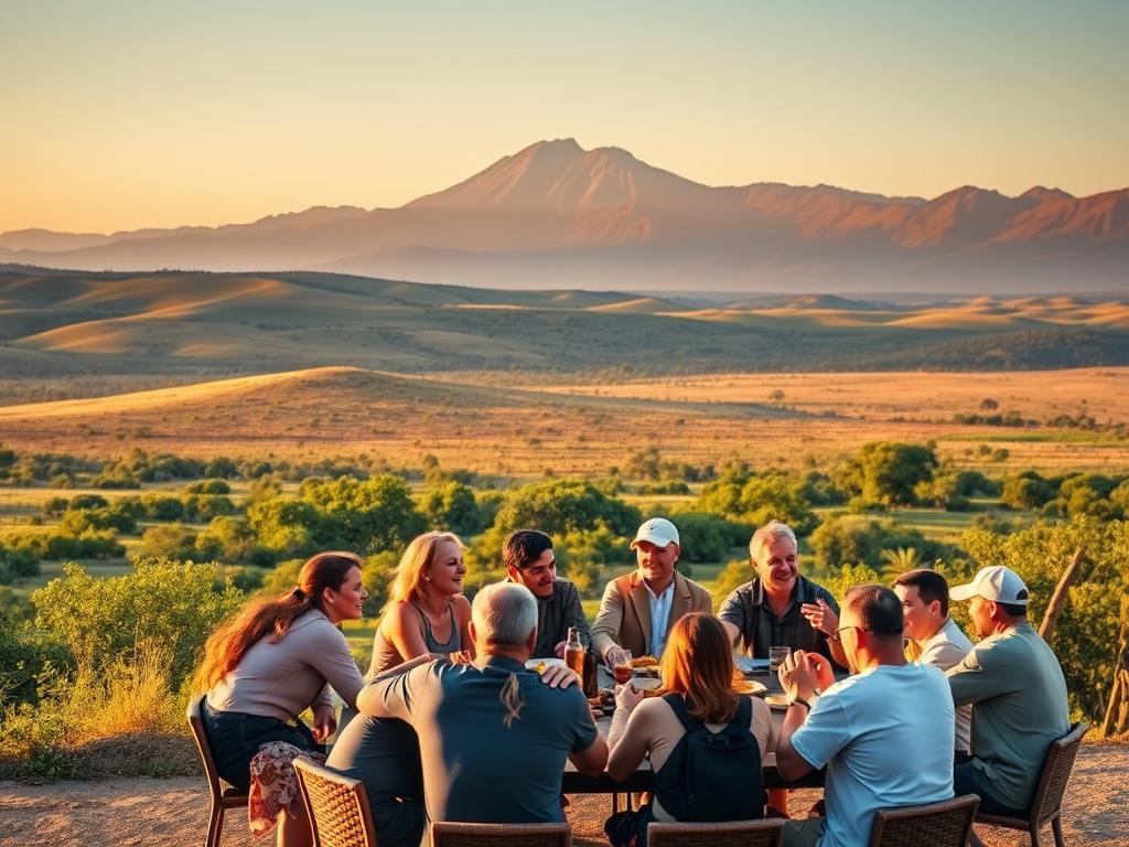 A panoramic view of a picturesque African landscape, with rolling hills, lush vegetation, and a majestic mountain range in the background. In the foreground, a group of travelers, dressed in casual, comfortable attire, are gathered around a table, enjoying a hearty meal and engaged in lively conversation. The lighting is warm and natural, casting a golden glow over the scene. The overall atmosphere is one of camaraderie, adventure, and the joy of discovering the wonders of this vibrant continent. The image conveys the sense of unity, shared experiences, and the cost-effective benefits of group travel in Africa.
