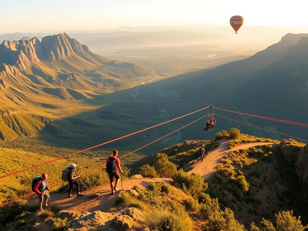 A panoramic view of the stunning Panorama Route in South Africa, showcasing a diverse array of outdoor activities and tour offerings. In the foreground, hikers traverse a winding trail, taking in the breathtaking vistas of rugged mountains and lush, verdant valleys. In the middle ground, a group of adventurers embark on a thrilling zip-line adventure, soaring through the air with a sense of exhilaration. In the background, a hot air balloon rises majestically, offering a unique perspective of the incredible landscape. The scene is illuminated by warm, golden sunlight, creating a serene and inviting atmosphere that perfectly captures the essence of the Panorama Route's enchanting allure. A panoramic view of the stunning Panorama Route in South Africa, showcasing a diverse array of outdoor activities and tour offerings. In the foreground, hikers traverse a winding trail, taking in the breathtaking vistas of rugged mountains and lush, verdant valleys. In the middle ground, a group of adventurers embark on a thrilling zip-line adventure, soaring through the air with a sense of exhilaration. In the background, a hot air balloon rises majestically, offering a unique perspective of the incredible landscape. The scene is illuminated by warm, golden sunlight, creating a serene and inviting atmosphere that perfectly captures the essence of the Panorama Route's enchanting allure.