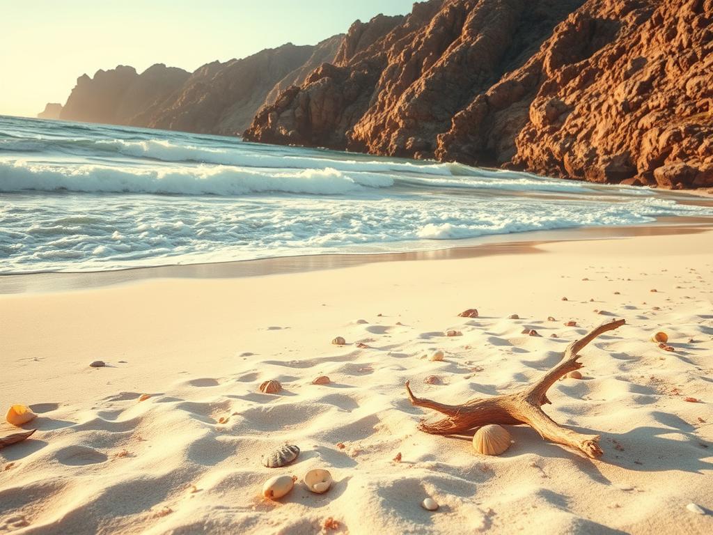 A picturesque beach in Llandudno, South Africa, bathed in golden sunlight. The foreground features pristine white sand, dotted with sun-bleached driftwood and seashells. In the middle ground, rolling waves crash gently against the shore, their rhythmic motion captured in a soft, blurred effect. The background showcases the dramatic, rugged cliffs that frame the beach, their textured surfaces contrasting with the serene ocean. Warm, muted tones create a tranquil, natural atmosphere, evoking a sense of timelessness and unspoiled natural beauty. Shot with a wide-angle lens to capture the full grandeur of the scene, the image conveys the idyllic and pristine nature of Llandudno Beach.