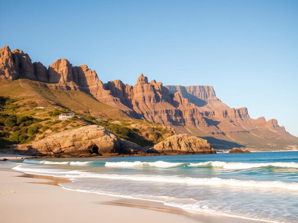 A picturesque coastal landscape in Cape Town, South Africa. In the foreground, a pristine white sand beach with gently lapping waves. In the middle ground, towering granite cliffs in warm hues, dotted with lush greenery. In the background, the iconic Table Mountain rises majestically, its flat-topped silhouette framed by a clear, azure sky. Soft, diffused lighting casts a golden glow over the scene, creating a serene and inviting atmosphere. The composition emphasizes the natural beauty and tranquility of this stunning coastal location, perfect for a relaxing day by the sea.