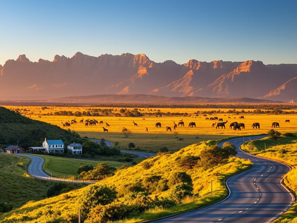 A picturesque landscape showcasing diverse regions of South Africa, capturing the essence of "Sicherheitsstrategien Regionen". In the foreground, a winding road flanked by lush, rolling hills, with a quaint village nestled in the distance. The middle ground features a sprawling savanna teeming with wildlife, from majestic giraffes to a herd of elephants. The background is dominated by the majestic silhouettes of iconic Table Mountain and the Drakensberg range, bathed in warm, golden-hour lighting. The scene evokes a sense of tranquility and adventure, reflecting the varied landscapes and the need for tailored security strategies across different regions of the country.