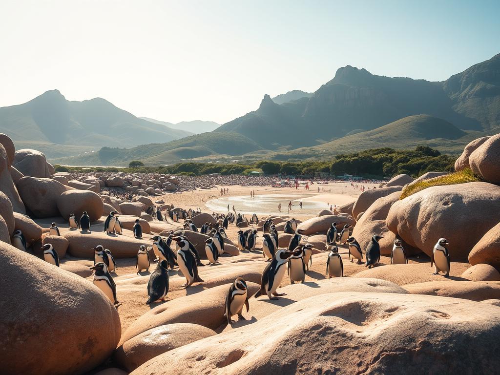 A picturesque scene of Boulders Beach in Cape Town, South Africa. In the foreground, a colony of African penguins waddling on the smooth, sun-dappled boulders, their distinctive black-and-white plumage contrasting with the warm, earthy tones of the rock formations. The middle ground features a small sandy beach, with beachgoers enjoying the tranquil atmosphere. In the background, rolling hills and lush vegetation create a serene, natural backdrop. The lighting is soft and diffused, casting a golden glow over the entire scene, evoking a sense of warmth and serenity. Captured with a wide-angle lens to showcase the expansive, breathtaking landscape.
