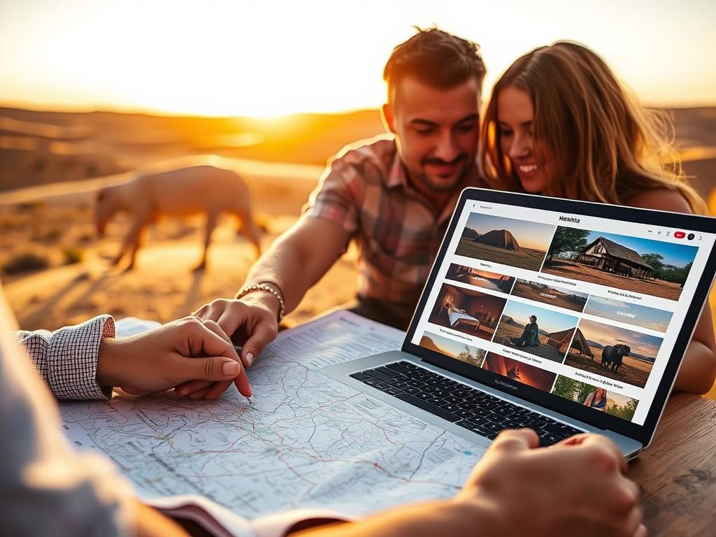 A picturesque travel planning scene, showcasing the budget-friendly options for a romantic Namibia honeymoon adventure. In the foreground, a couple poring over a detailed map, fingers tracing potential routes through the vast Namibian landscapes. The middle ground features a laptop displaying various accommodation options, from cozy desert lodges to eco-campsites. In the background, glimpses of Namibia's iconic sand dunes and wildlife, hinting at the thrilling experiences awaiting the adventurous couple. The lighting is warm and golden, evoking a sense of excitement and exploration. The overall composition conveys the perfect balance of careful planning and spontaneous adventure, capturing the essence of an unforgettable Namibia honeymoon.