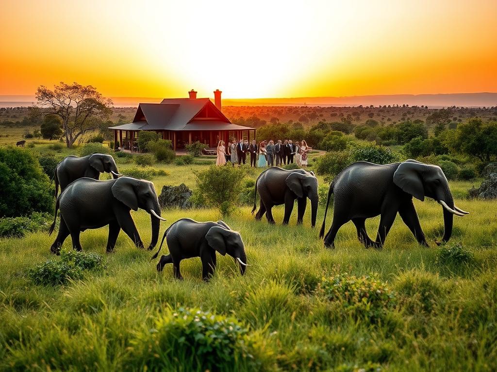 A pristine African savanna at sunset, with a luxury safari lodge nestled amidst lush greenery. In the foreground, a family of elephants peacefully grazes, their movements captured in a cinematic, wide-angle lens. The middle ground features a group of well-dressed travelers, their expressions conveying a sense of wonder and appreciation for the natural surroundings. In the background, the horizon glows with warm, golden hues, casting a soft, romantic light across the scene. The overall mood is one of harmony between luxury, sustainability, and environmental preservation.