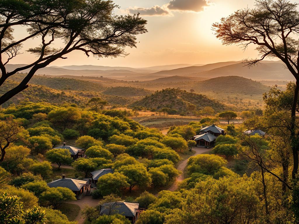 A pristine African wilderness, lush with verdant foliage and rolling hills. In the foreground, a collection of luxurious yet rustic lodges nestled amongst the trees, their thatched roofs and wooden beams blending seamlessly with the natural surroundings. Middle ground reveals a network of winding paths, inviting guests to embark on walking safaris, exploring the untamed landscape. In the distance, majestic mountains rise, their peaks shrouded in mist, creating a sense of mystery and adventure. Warm, golden light filters through the canopy, casting a soft, ambient glow across the scene. The overall atmosphere evokes a sense of tranquility, comfort, and immersion in the beauty of the African bush.