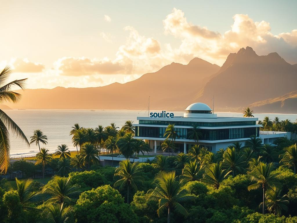 A pristine tropical paradise, Mauritius Sicherheit Infrastruktur showcases a vibrant blend of natural beauty and robust security measures. In the foreground, a lush, verdant landscape unfolds, dotted with swaying palm trees and idyllic beaches. The middle ground reveals a modern, well-equipped police station, its sleek architecture and state-of-the-art surveillance systems signaling the island's commitment to public safety. In the background, towering mountains rise, their majestic silhouettes framing the scene. The lighting is warm and golden, casting a serene glow over the entire landscape. The overall atmosphere exudes a sense of tranquility and security, making Mauritius a true jewel among Africa's safe travel destinations.