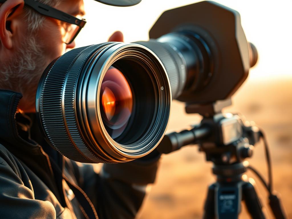 A professional safari photographer examines a powerful telephoto lens, its sleek metallic exterior catching the warm, golden light. The lens dominates the foreground, its intricate details and sturdy construction suggesting its purpose for capturing distant wildlife. In the middle ground, a rugged camera body rests on a sturdy tripod, ready to be paired with the specialized optic. The background subtly fades into a hazy, sun-dappled savanna landscape, hinting at the adventurous expeditions this equipment is designed to support. An aura of technical expertise and outdoor exploration pervades the scene, embodying the essential gear required for mastering safari photography.
