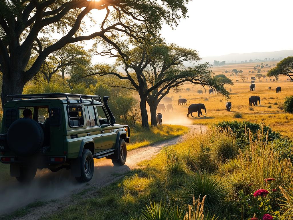 A rugged all-terrain vehicle navigates the lush, verdant landscapes of the Chobe National Park, Botswana. Sunlight filters through the canopy of towering trees, casting a warm, golden glow over the scene. In the foreground, the sturdy 4x4 vehicle, its wheels kicking up a trail of dust, is ready to transport adventurous self-drivers through the park's winding paths. The middle ground features a diverse array of flora, from tall grasses to vibrant wildflowers, creating a harmonious natural setting. In the background, the iconic silhouettes of elephants and other wildlife can be seen roaming the expansive savanna, hinting at the incredible safari experiences awaiting the traveler. The overall atmosphere conveys a sense of exploration, adventure, and the beauty of Chobe's untamed wilderness.