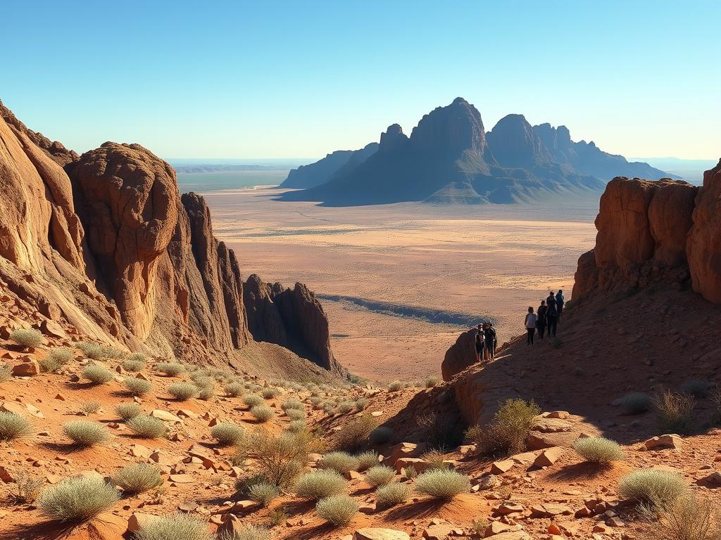 A rugged, arid landscape of the Damaraland region in Namibia, with towering granite formations and a vast, open sky. In the foreground, a group of adventurous tourists engage in thrilling activities like rock climbing, abseiling, and hiking along winding trails. The middle ground features a panoramic view of the dramatic, weathered terrain, with the occasional desert-adapted plant adding pops of color. The background is dominated by the majestic Brandberg Mountain, its iconic silhouette casting long shadows across the scene. The overall atmosphere is one of excitement, exploration, and a deep connection to the ancient, untamed beauty of the Namibian wilderness.