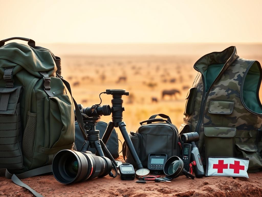 A rugged safari expedition scene, captured through the lens of a high-quality camera with a wide-angle lens. In the foreground, an assortment of essential technical gear is neatly arranged: a weatherproof backpack, a sturdy tripod, a pair of binoculars, and a compact satellite phone. The middle ground features a camouflage-patterned vest, a compass, and a first-aid kit, highlighting the safety and preparedness aspects of the safari experience. In the background, a panoramic view of the savanna unfolds, with distant silhouettes of acacia trees and a cloudless, golden-hued sky, conveying a sense of adventure and exploration. A rugged safari expedition scene, captured through the lens of a high-quality camera with a wide-angle lens. In the foreground, an assortment of essential technical gear is neatly arranged: a weatherproof backpack, a sturdy tripod, a pair of binoculars, and a compact satellite phone. The middle ground features a camouflage-patterned vest, a compass, and a first-aid kit, highlighting the safety and preparedness aspects of the safari experience. In the background, a panoramic view of the savanna unfolds, with distant silhouettes of acacia trees and a cloudless, golden-hued sky, conveying a sense of adventure and exploration.