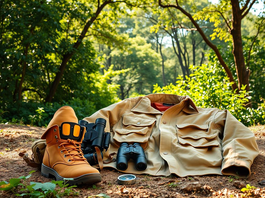 A rugged safari outfit laid out against a backdrop of lush, verdant foliage. In the foreground, a pair of sturdy, tan hiking boots, a wide-brimmed hat, and a khaki-colored safari jacket with multiple pockets. In the middle ground, a pair of binoculars, a compass, and a small backpack with straps. In the background, a dense, sun-dappled forest, with tall trees and vibrant greenery. The lighting is warm and natural, suggesting an early morning or late afternoon setting. The overall mood is one of adventure, exploration, and preparedness for the wilds of the African bush. A rugged safari outfit laid out against a backdrop of lush, verdant foliage. In the foreground, a pair of sturdy, tan hiking boots, a wide-brimmed hat, and a khaki-colored safari jacket with multiple pockets. In the middle ground, a pair of binoculars, a compass, and a small backpack with straps. In the background, a dense, sun-dappled forest, with tall trees and vibrant greenery. The lighting is warm and natural, suggesting an early morning or late afternoon setting. The overall mood is one of adventure, exploration, and preparedness for the wilds of the African bush.