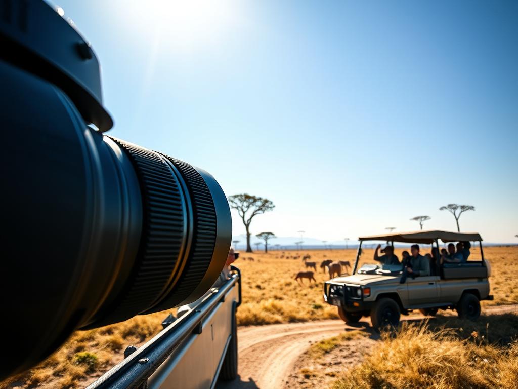 A rugged safari vehicle traverses the sun-dappled savanna, its passengers eagerly scanning the horizon for wildlife. In the foreground, a powerful telephoto lens captures the scene with crisp precision, while the middle ground showcases the vehicle's sturdy off-road capabilities. The background features a majestic African landscape, complete with towering acacia trees and a cloudless azure sky. The overall atmosphere radiates a sense of adventure, excitement, and the thrill of capturing the perfect safari shot.