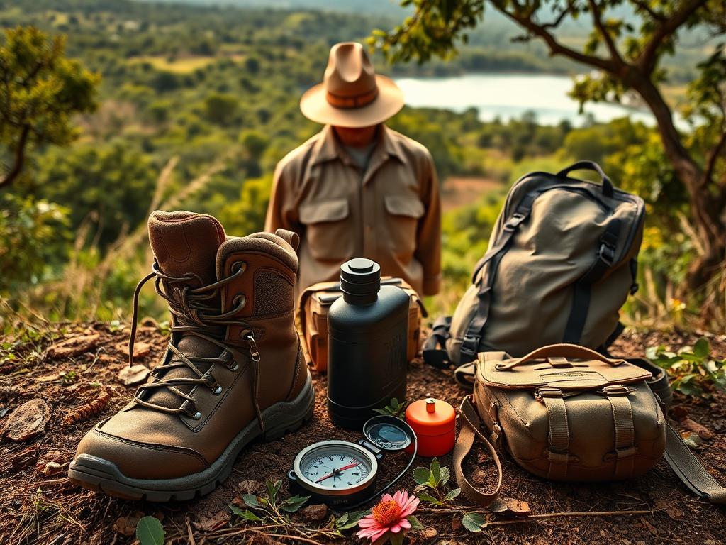 A rugged, well-equipped walking safari in the heart of the African wilderness. In the foreground, high-quality hiking boots, a compass, a canteen, and a sturdy backpack lie ready. In the middle ground, a khaki safari jacket, sun hat, and binoculars await the adventurer. The background depicts a lush, verdant landscape teeming with diverse flora and fauna, with a shimmering lake or river in the distance. Warm, natural lighting bathes the scene, creating a sense of tranquility and exploration. The overall mood is one of preparedness, adventure, and a deep connection with the natural world.