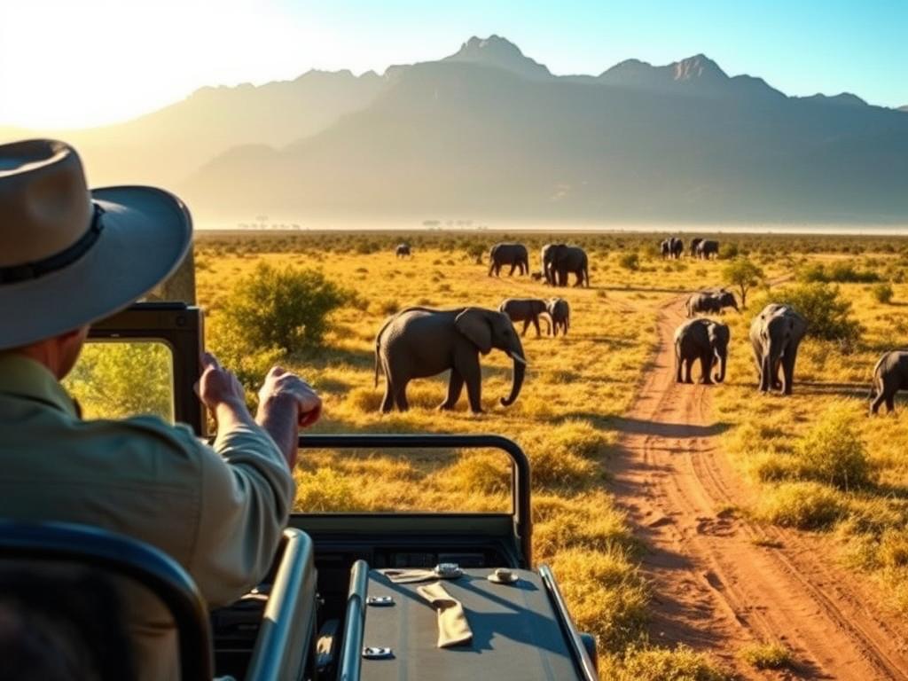 A safari jeep navigates through a lush, sun-dappled African landscape, its occupants observing wildlife with caution and respect. In the foreground, a ranger points out animal tracks, educating visitors on responsible behavior around the creatures. The middle ground features a herd of elephants peacefully grazing, their majestic presence a reminder of the delicate balance of the ecosystem. In the distance, towering mountains rise, their rugged peaks creating a dramatic backdrop. The lighting is soft and golden, evoking a sense of tranquility and wonder. The composition emphasizes the harmony between humans and nature, capturing the essence of a safe and thoughtful safari experience.