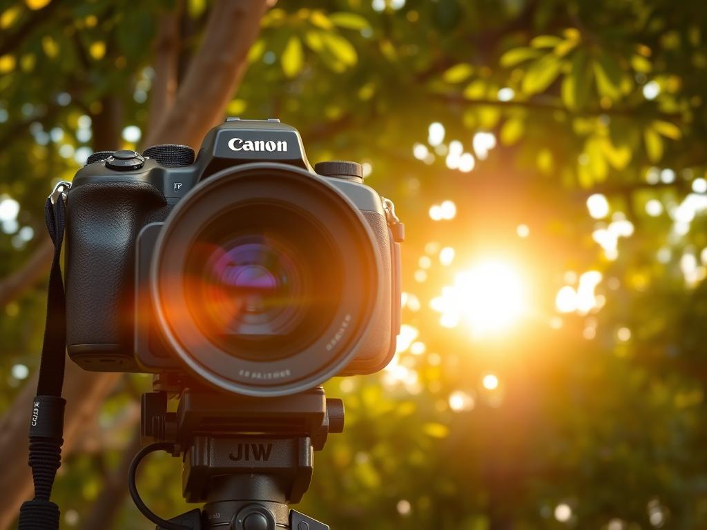 A safari-themed camera setup, featuring a sturdy DSLR camera with a powerful telephoto lens, resting on a tripod against a backdrop of lush, verdant foliage. The camera's sensor is prominently displayed, showcasing its advanced capabilities for capturing vivid, high-resolution wildlife shots. Warm, natural lighting filters through the canopy, casting a golden glow and creating a sense of depth and atmosphere. The composition highlights the relationship between the camera's technical specifications and its suitability for the demanding conditions of a safari environment.