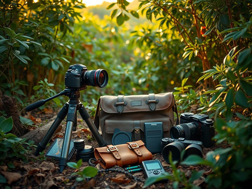 A safari-themed camera setup nestled amidst lush greenery and earthy tones. In the foreground, a rugged DSLR camera with a telephoto lens rests on a sturdy tripod, ready to capture the dynamic wildlife of the Namibian landscape. Surrounding it, an array of camera accessories - filters, batteries, and a compact mirrorless camera - are arranged neatly. In the middle ground, a weathered leather camera bag and a pair of binoculars hint at the adventurous nature of the safari expedition. The background is filled with a tapestry of verdant foliage, creating a sense of immersion in the natural world. Warm, golden lighting filters through the canopy, casting a serene and contemplative mood over the entire scene. A safari-themed camera setup nestled amidst lush greenery and earthy tones. In the foreground, a rugged DSLR camera with a telephoto lens rests on a sturdy tripod, ready to capture the dynamic wildlife of the Namibian landscape. Surrounding it, an array of camera accessories - filters, batteries, and a compact mirrorless camera - are arranged neatly. In the middle ground, a weathered leather camera bag and a pair of binoculars hint at the adventurous nature of the safari expedition. The background is filled with a tapestry of verdant foliage, creating a sense of immersion in the natural world. Warm, golden lighting filters through the canopy, casting a serene and contemplative mood over the entire scene.