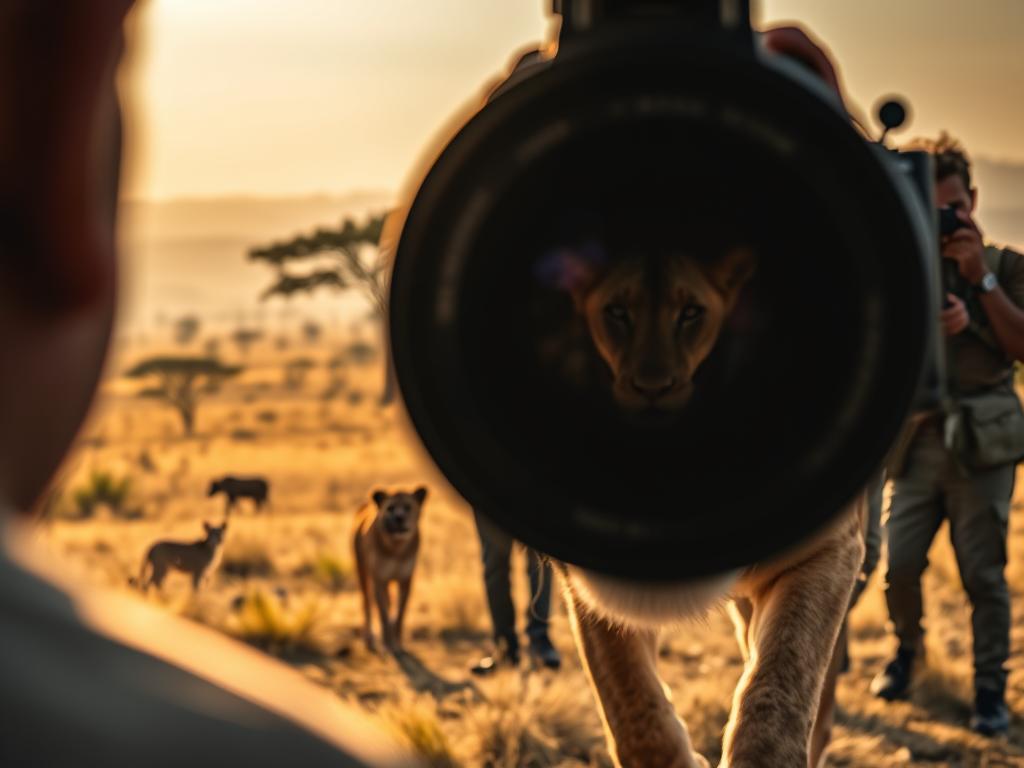 A safari-themed scene capturing the essence of autofocus technique. In the foreground, a camera lens with a crisp, close-up view of a roaming lion, its eyes piercing and alert. The middle ground features a group of tourists with their cameras poised, their expressions focused as they track the lion's movements. In the background, a vast savanna landscape stretches out, dotted with acacia trees and a hazy, golden-hour sky. Moody lighting casts dramatic shadows, emphasizing the drama and intensity of the moment. The scene conveys the thrill and challenge of capturing the perfect safari shot, with the camera's autofocus technology playing a vital role in freezing the action.