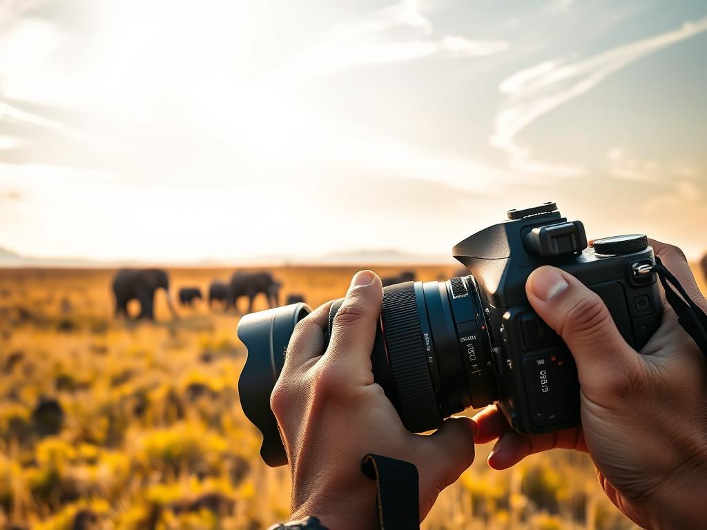 A safari-themed scene showcasing the essential camera settings for capturing stunning wildlife photos. In the foreground, a photographer's hands are meticulously adjusting the manual controls of a high-end DSLR camera, the lens pointed towards the distant grasslands. The middle ground features a herd of elephants gracefully roaming, their majestic movements captured through a shallow depth of field. The background is a sweeping vista of the African savanna, bathed in warm, golden light filtering through wispy clouds. The mood is one of focus, patience, and the anticipation of that perfect shot, as the photographer prepares to immortalize the wonders of the safari in vibrant, detailed images.