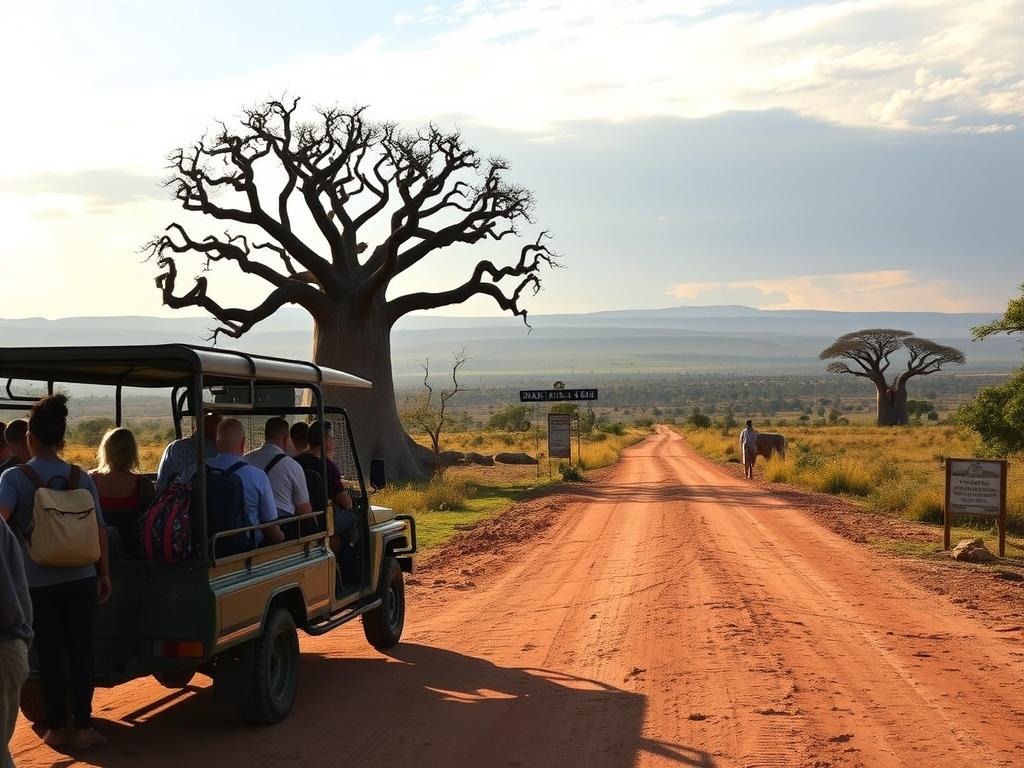 A scenic view of the Tarangire National Park entrance, showcasing the transportation options available for visitors. In the foreground, a group of travelers waits to board a rugged safari vehicle, its sturdy frame and high clearance designed to navigate the park's unpaved roads. The middle ground features a well-maintained dirt path leading towards the park's iconic baobab trees, casting long shadows under the warm, golden light of the African sun. In the background, the rolling hills and savannah landscapes of the Tarangire ecosystem stretch out, hinting at the diverse wildlife that awaits within. The overall mood evokes a sense of adventure and anticipation, setting the stage for an immersive safari experience.