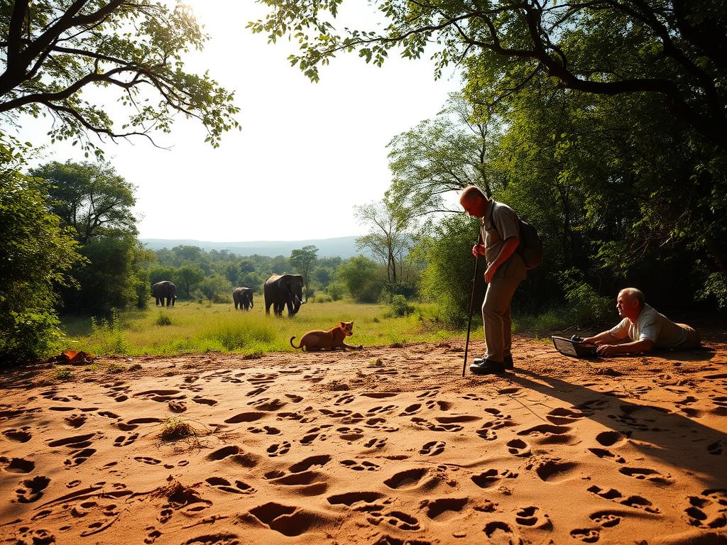 A secluded African wilderness, lush with verdant vegetation and sun-dappled rays filtering through the canopy. In the foreground, a skilled tracker examines the ground, deciphering the intricate patterns of animal footprints, their story unfolding like a silent narrative. Beyond, a herd of majestic elephants graze peacefully, their movements measured and graceful. In the distance, a pride of lions rests in the shade, their golden eyes scanning the horizon. The air is thick with the scents of earth and life, and the atmosphere is one of reverence and discovery, as the observer immerses themselves in the ancient rhythms of the wild.
