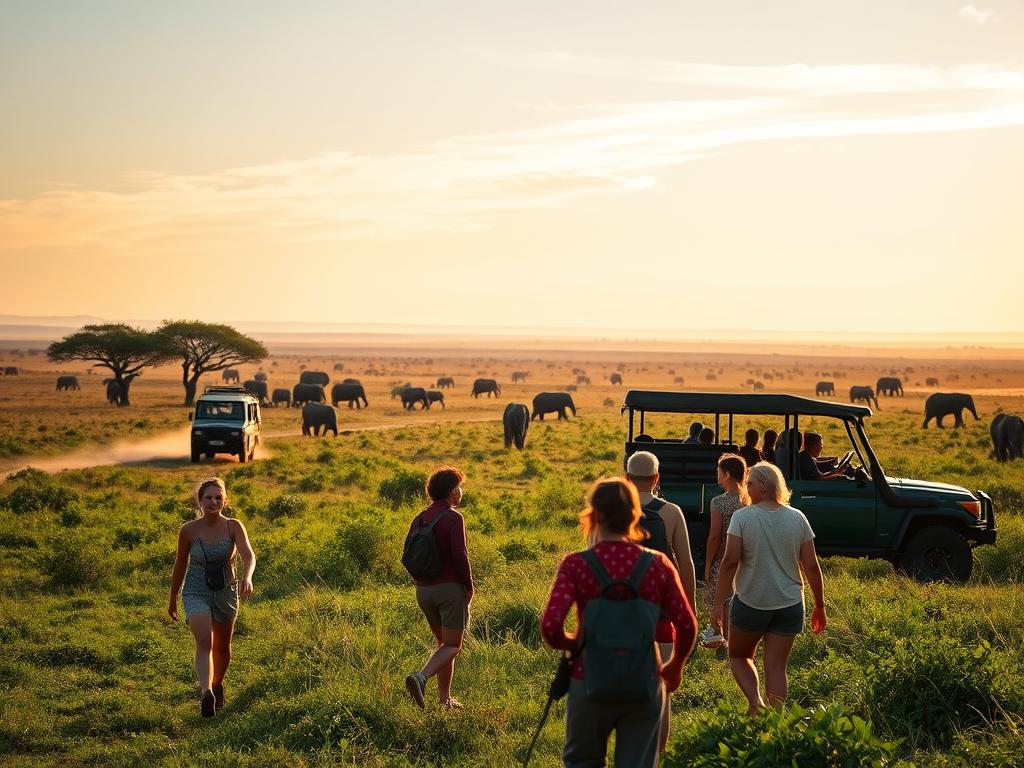 A serene African landscape unfolds, showcasing the stark contrast between traditional safari vehicles and the freedom of walking through the wilderness. In the foreground, a group of adventurous travelers explore the lush, verdant terrain on foot, their faces alight with wonder as they take in the sights and sounds of the untamed wilderness. In the middle ground, a lone safari jeep navigates a dusty trail, its passengers peering out with a sense of detachment. The background is dominated by a vast, sweeping savanna, dotted with towering acacia trees and a herd of majestic elephants in the distance. The scene is bathed in warm, golden light, creating a sense of timelessness and immersion in the natural world. Soft, wispy clouds drift overhead, lending an ethereal quality to the overall composition.