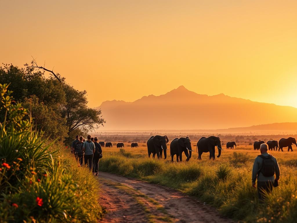 A serene African landscape unfolds, with a group of adventurers embarking on a walking safari. In the foreground, a narrow dirt trail winds through lush, verdant foliage, with tall grasses and vibrant wildflowers lining the path. In the middle ground, a herd of majestic elephants peacefully grazes, their massive forms silhouetted against a vibrant, golden-hued sky. Further in the distance, towering mountain peaks pierce the horizon, their rugged, snow-capped summits casting long shadows over the scene. Warm, diffused lighting bathes the entire tableau, creating a sense of tranquility and wonder. The camera's wide-angle lens captures the grandeur of the setting, inviting the viewer to step into this captivating walking safari in the heart of Africa.