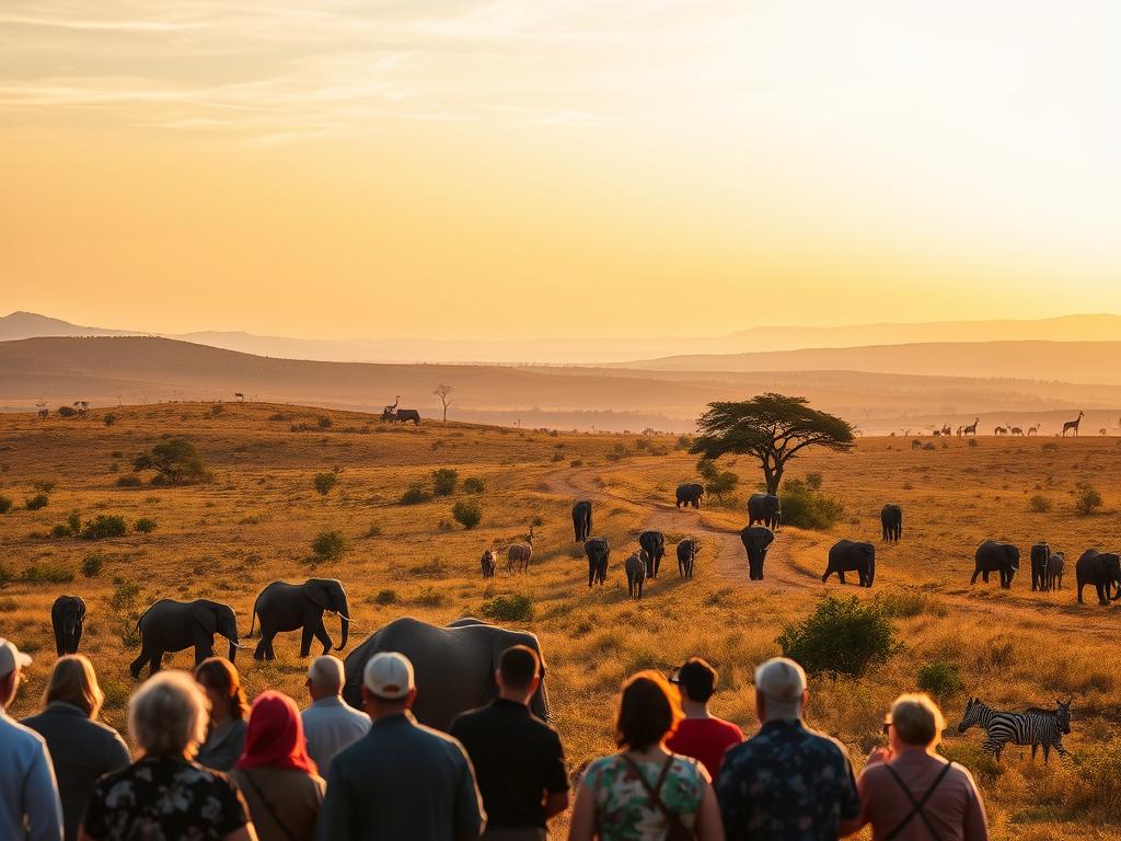 A serene African landscape, with the lush Hluhluwe-iMfolozi Park as the centerpiece. In the foreground, a group of visitors awestruck, capturing the wonder of a family of elephants grazing peacefully. The midground showcases a winding path, leading deeper into the wilderness, with glimpses of zebras and giraffes in the distance. The background is a tapestry of rolling hills, dotted with acacia trees and a vibrant, golden-hued sky. Warm, soft lighting bathes the scene, creating an atmosphere of tranquility and immersion in the natural world. The composition is balanced, drawing the viewer's eye to the captivating wildlife and the transformative experiences of the park's visitors.