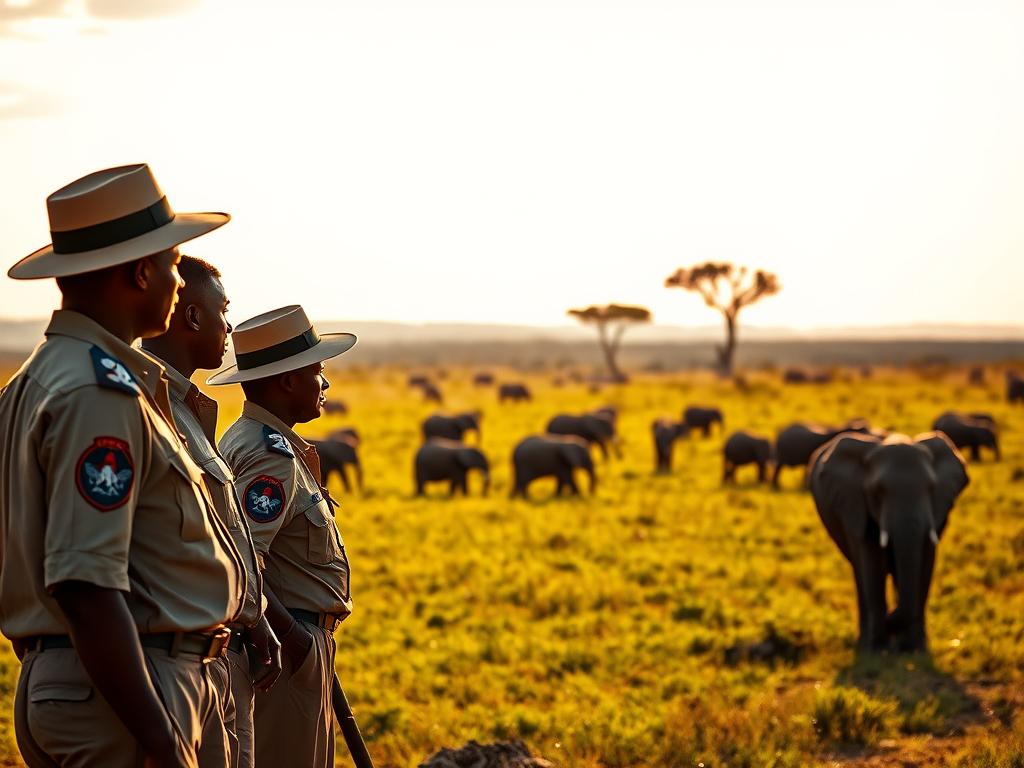 A serene Kenyan safari landscape, bathed in warm golden light. In the foreground, a group of rangers in khaki uniforms stand vigilant, their watchful gazes scanning the horizon for any potential threats. Behind them, a herd of majestic elephants graze peacefully, their massive bodies casting long shadows across the lush, verdant savanna. In the distance, a lone acacia tree silhouettes against a vibrant, cloudless sky. The scene conveys a sense of safety, security, and protection, with the rangers' presence ensuring the well-being of the wildlife and the visitors who come to experience the wonders of the Kenyan wilderness.