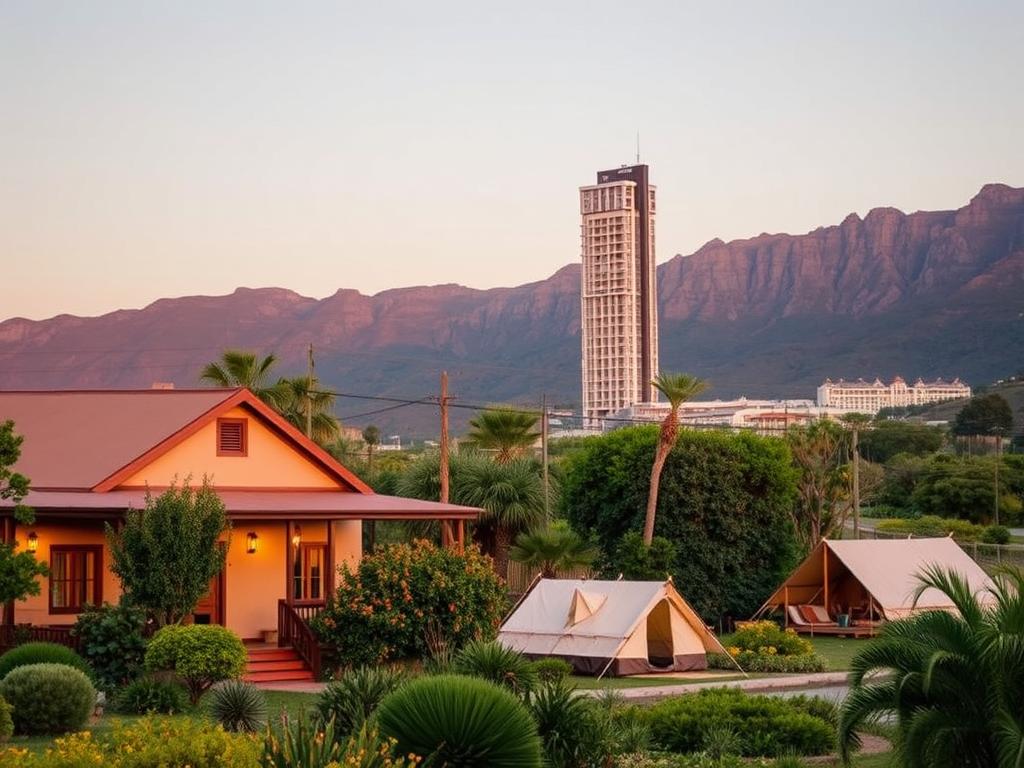 A serene and inviting outdoor scene showcasing various accommodation options for solo travelers in South Africa. In the foreground, a quaint guesthouse with a warm, welcoming facade nestled amidst lush greenery. In the middle ground, a cozy campsite with neatly arranged tents surrounded by indigenous flora. In the background, a modern and stylish hotel tower rising against a backdrop of majestic mountains, bathed in soft, golden evening light. The overall atmosphere exudes a sense of safety, comfort, and adventure, catering to the needs of independent explorers.