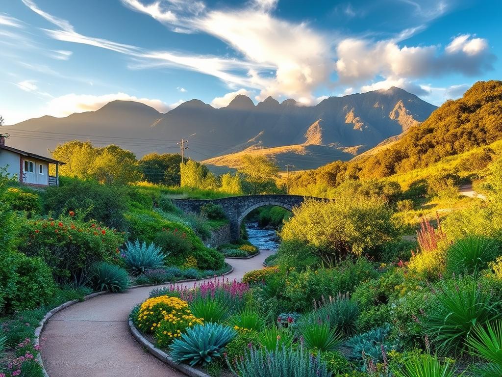 A serene and lush scene along the iconic Garden Route in South Africa. In the foreground, a picturesque winding path leads through a vibrant, diverse garden filled with colorful native flora, inviting visitors to explore. The middle ground features a charming stone bridge arching over a tranquil stream, surrounded by verdant trees and shrubs. In the background, the rolling hills of the Outeniqua Mountains rise up, bathed in warm, golden sunlight filtering through wispy clouds. A sense of peaceful, natural beauty and adventure pervades the entire landscape, capturing the essence of the Garden Route's captivating activities and landscapes.