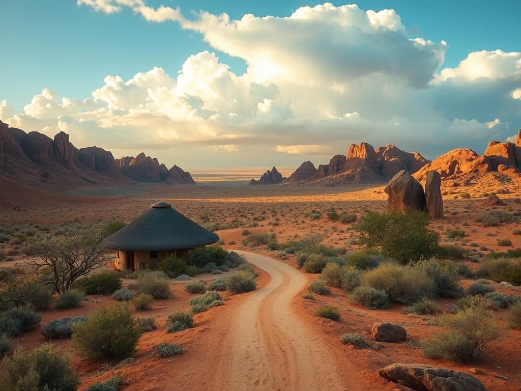 A serene and picturesque landscape of Damaraland, Namibia, capturing the essence of the region's accommodations. In the foreground, a traditional thatched-roof lodge nestled amidst the ochre-hued hills, its natural materials blending seamlessly with the surrounding environment. The middle ground features a winding dirt path leading towards the lodge, flanked by towering granite boulders and sparse, hardy vegetation. In the background, a dramatic skyline with billowing clouds and a warm, golden glow creates a sense of tranquility and adventure. The scene is illuminated by soft, diffused lighting, emphasizing the harmony between the built structures and the untamed natural beauty of Damaraland.