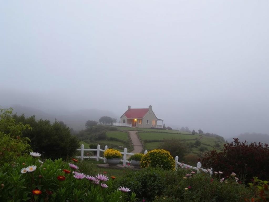 A serene autumn landscape along the Garden Route, with muted colors and a tranquil atmosphere. In the foreground, a lush, verdant garden with vibrant foliage and blooming flowers, hinting at the off-season's natural beauty. The middle ground features a winding path leading towards a cozy cottage, its warm lights inviting the viewer to explore. In the background, rolling hills and a hazy, overcast sky create a sense of peaceful solitude. The lighting is soft and diffused, casting a gentle glow over the scene. This image captures the advantages of visiting the Garden Route during the Nebensaison, offering a more intimate and authentic experience away from the crowds.