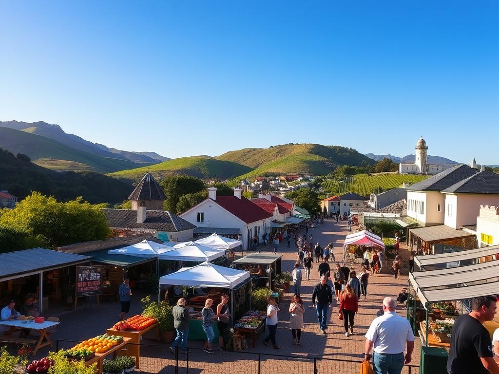 A serene countryside scene along the picturesque Garden Route, with a vibrant tapestry of outdoor events and festivities unfolding against the backdrop of lush rolling hills and a clear azure sky. In the foreground, a bustling farmers' market showcases an array of local produce, artisanal crafts, and live music performances. In the middle ground, people stroll through a quaint village square, browsing charming boutiques and bustling cafes. The distant horizon is dotted with iconic landmarks, such as a historic lighthouse and vineyards cascading down verdant slopes, all bathed in warm, golden afternoon light. The overall atmosphere exudes a sense of community, celebration, and the joy of experiencing the rich cultural tapestry of the Garden Route.